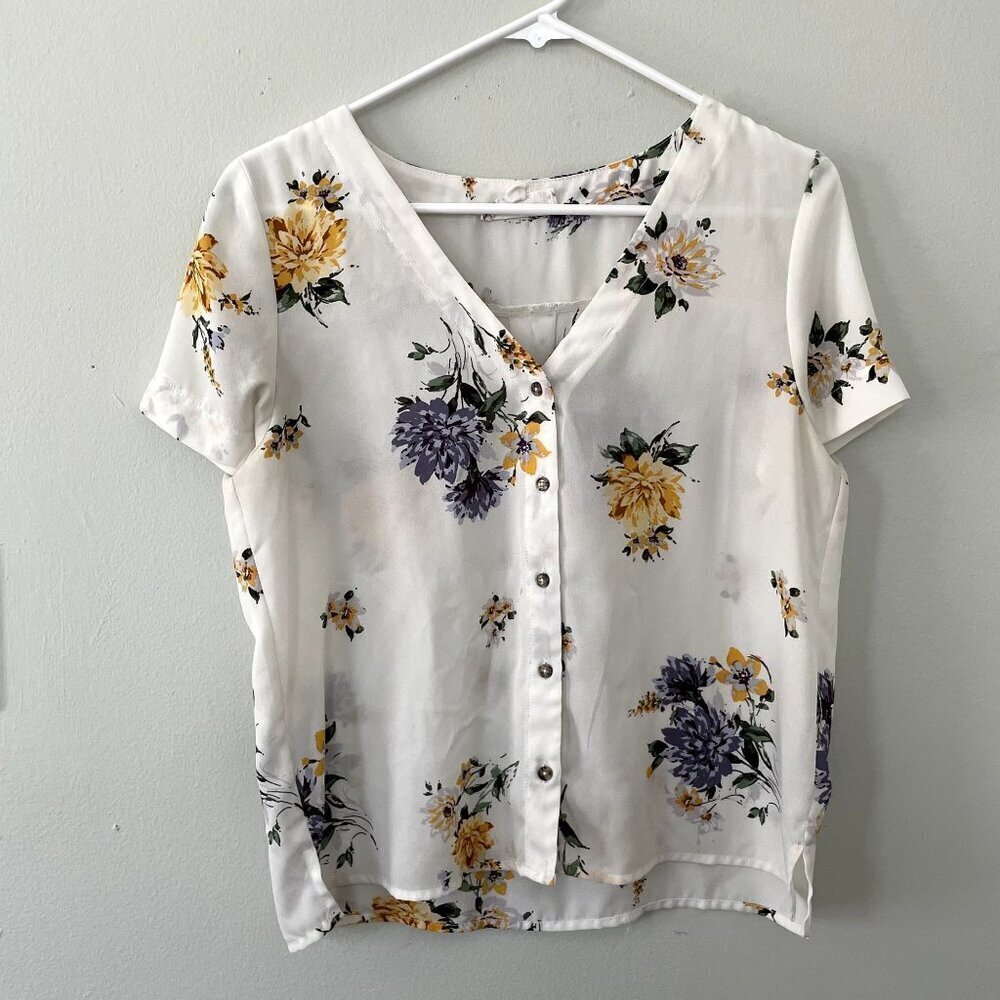Pink Rose floral blouse short sleeved button down shirt blue yellow women size S
